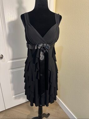 Sexy FeminineLittle Black Ruffled Dress with Satin Waist Tie. Small. By Ynes